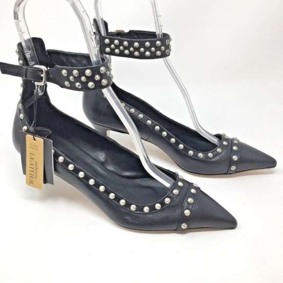 **ONE PAIR LEFT**Zara Leather Silver Studded Shoes - Picture 5 of 6